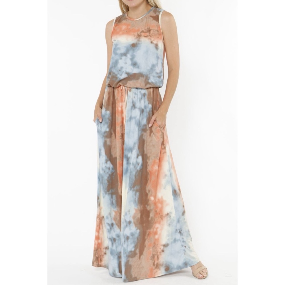 EGS Orange & Blue Tie-Dye Tie-Waist Maxi Dress
